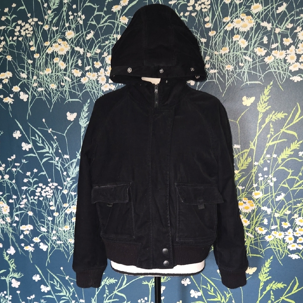 Vtg INC Corduroy Hooded Jacket Black With Pockets